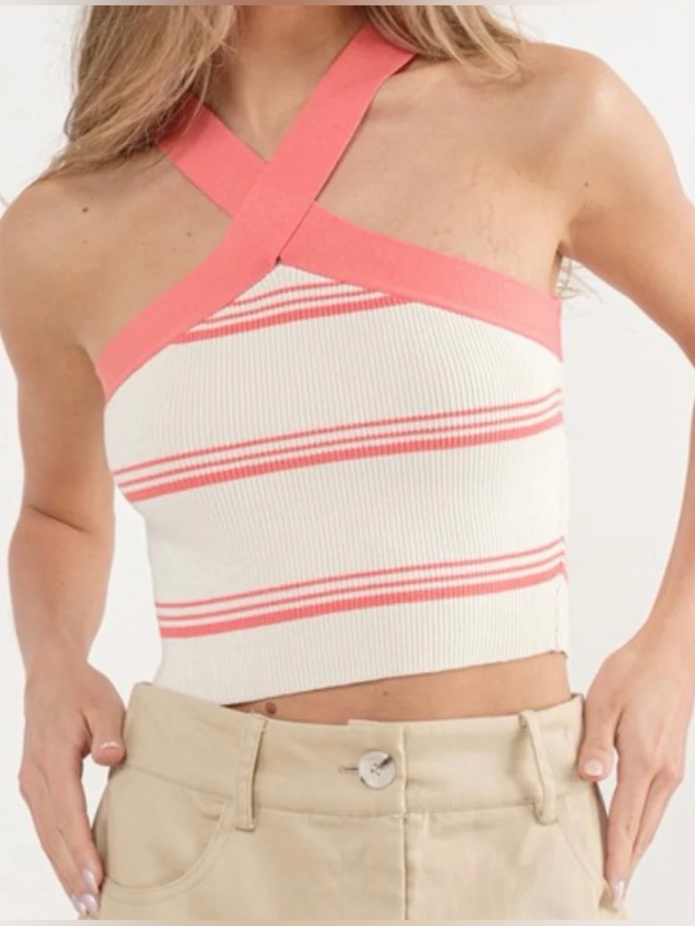Babaton Cream and Pink Striped Cross-Back Knit Crop Top
